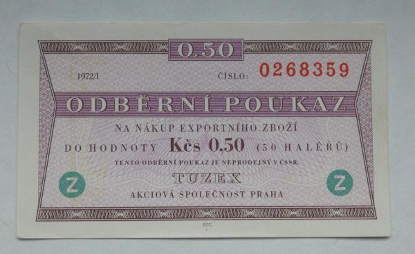 Tuzex – odběrní poukaz 0,50 Kčs 1972/I